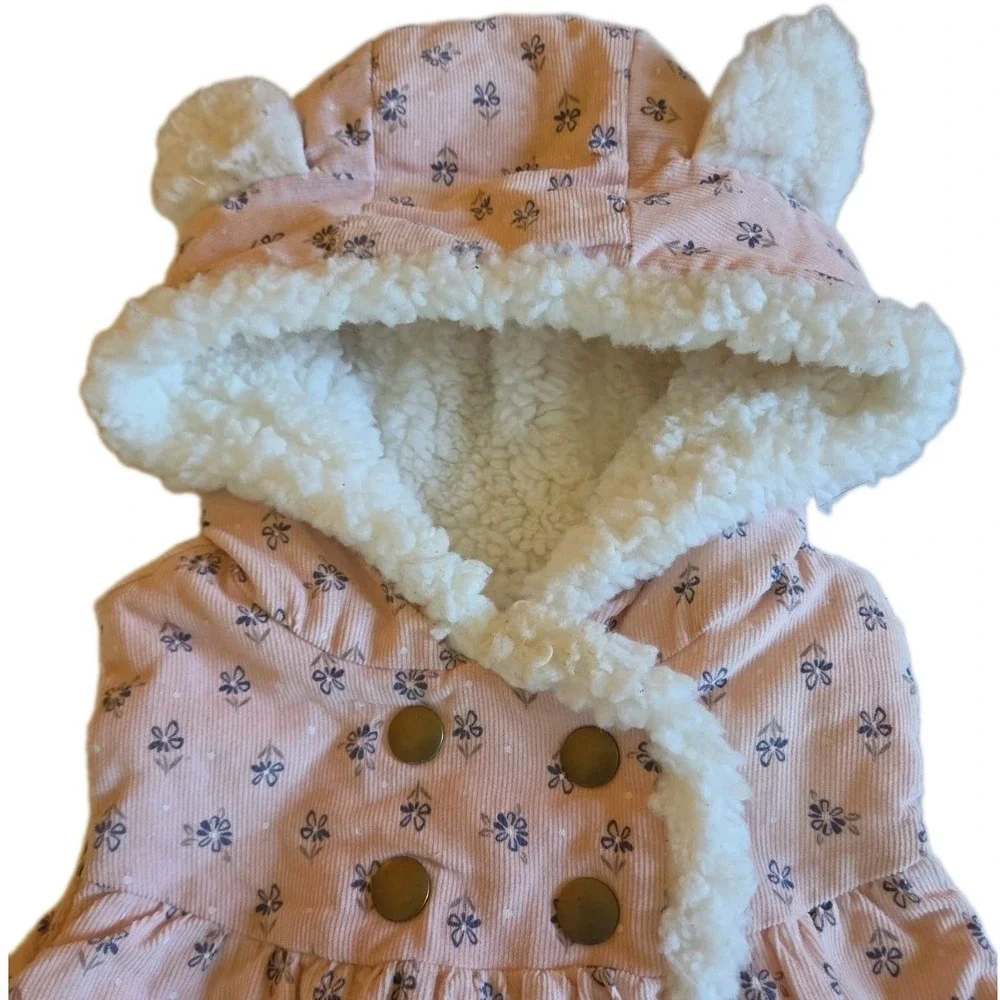 Aspen Kids Pink Floral Corduroy Hooded Vest Girls Sz 24M Sherpa Fleece Bear Ears